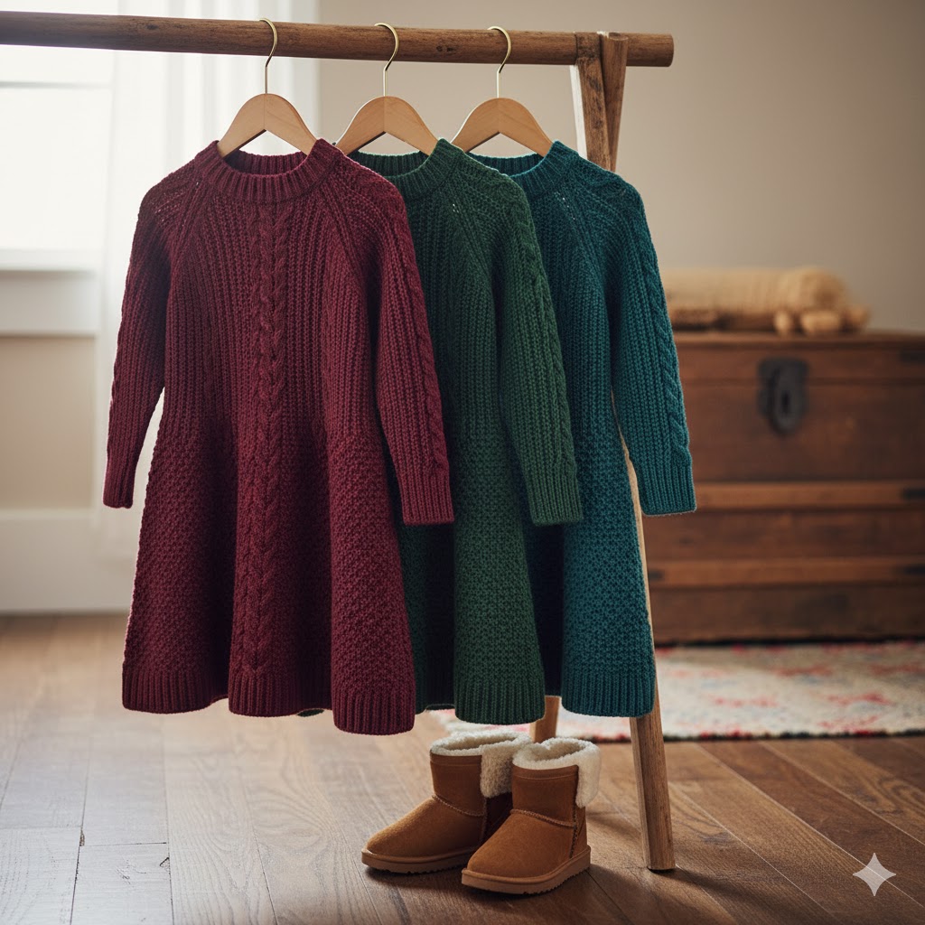 Cute knitted dresses for girls styled with cozy winter boots.