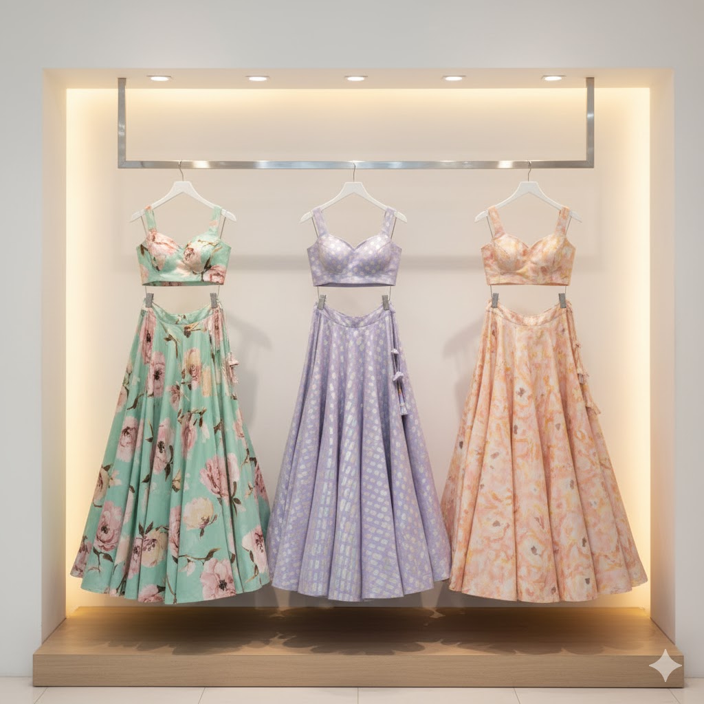 Modern lehenga sets on boutique display.