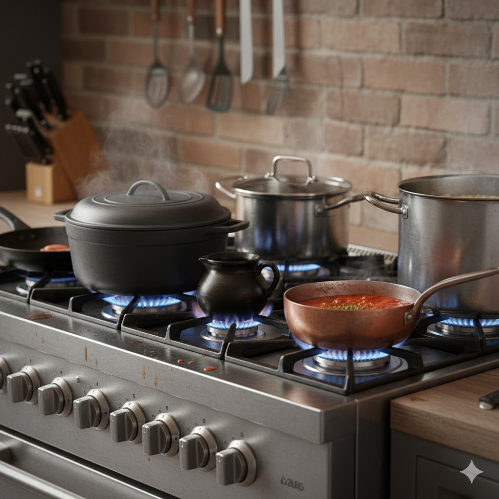 Cooking pots on varying heat settings on stove.