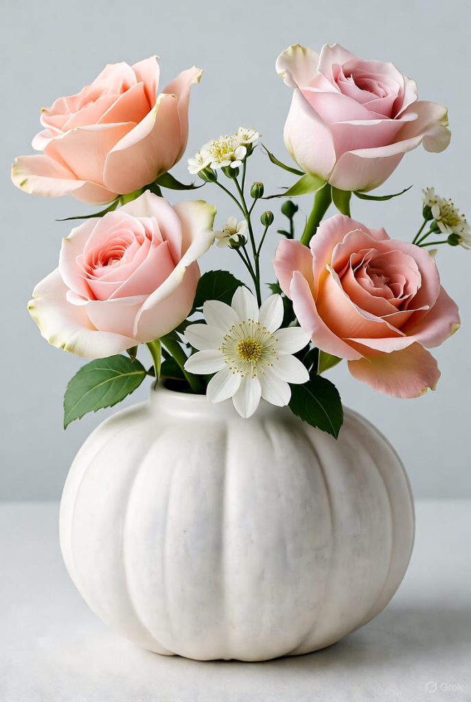 Pastel floral pumpkin arrangement.