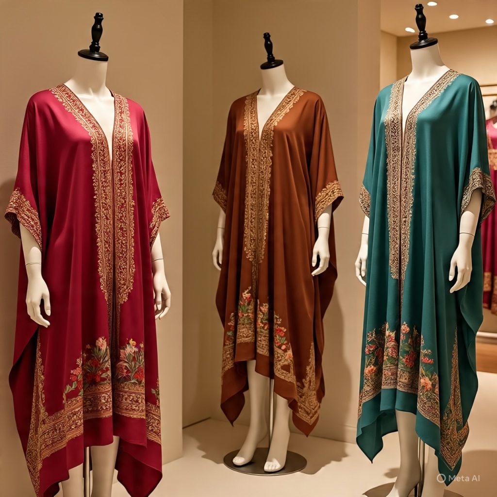 Printed kaftans in boutique display.