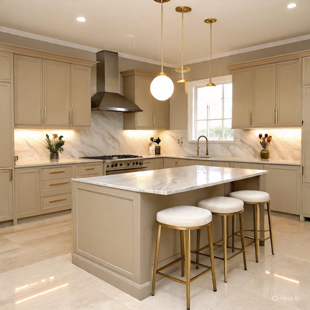 Luxe beige cabinets with gold hardware and marble island.