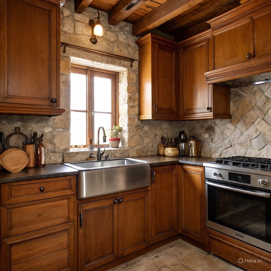 Rustic Italian kitchen with farmhouse cabinetry.