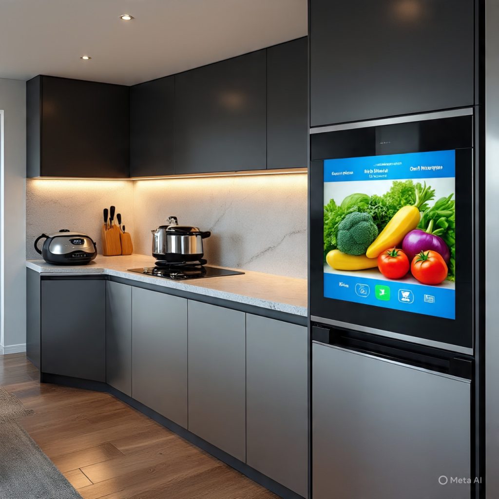 Smart kitchen with modern appliances and LED lighting.
