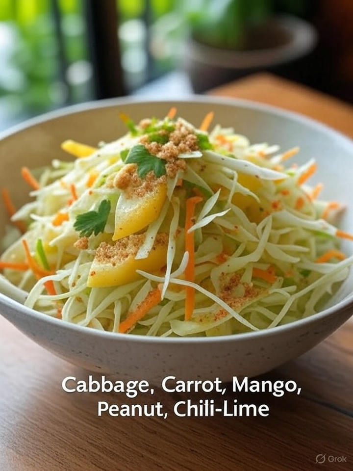 A close-up of a vibrant salad with shredded cabbage, carrots, mango slices, peanuts, and a chili-lime dressing in a white bowl.