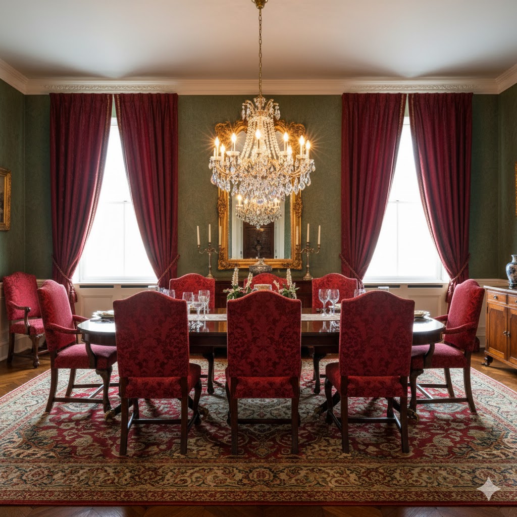 Classic elegant dining room with chandelier and wood furniture.