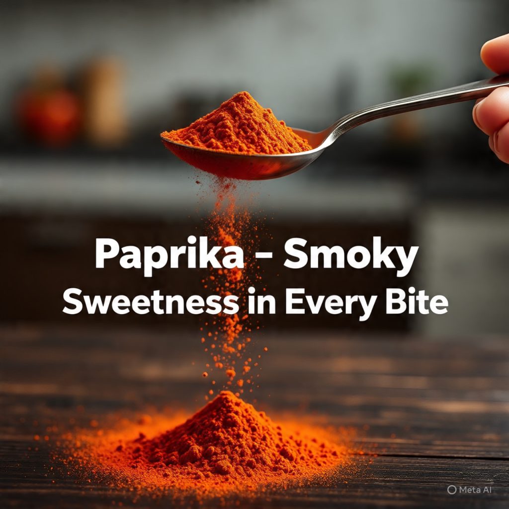 A spoonful of paprika is being poured onto a pile of the spice on a wooden surface. The text on the image reads, "Paprika - Smoky Sweetness in Every Bite."
