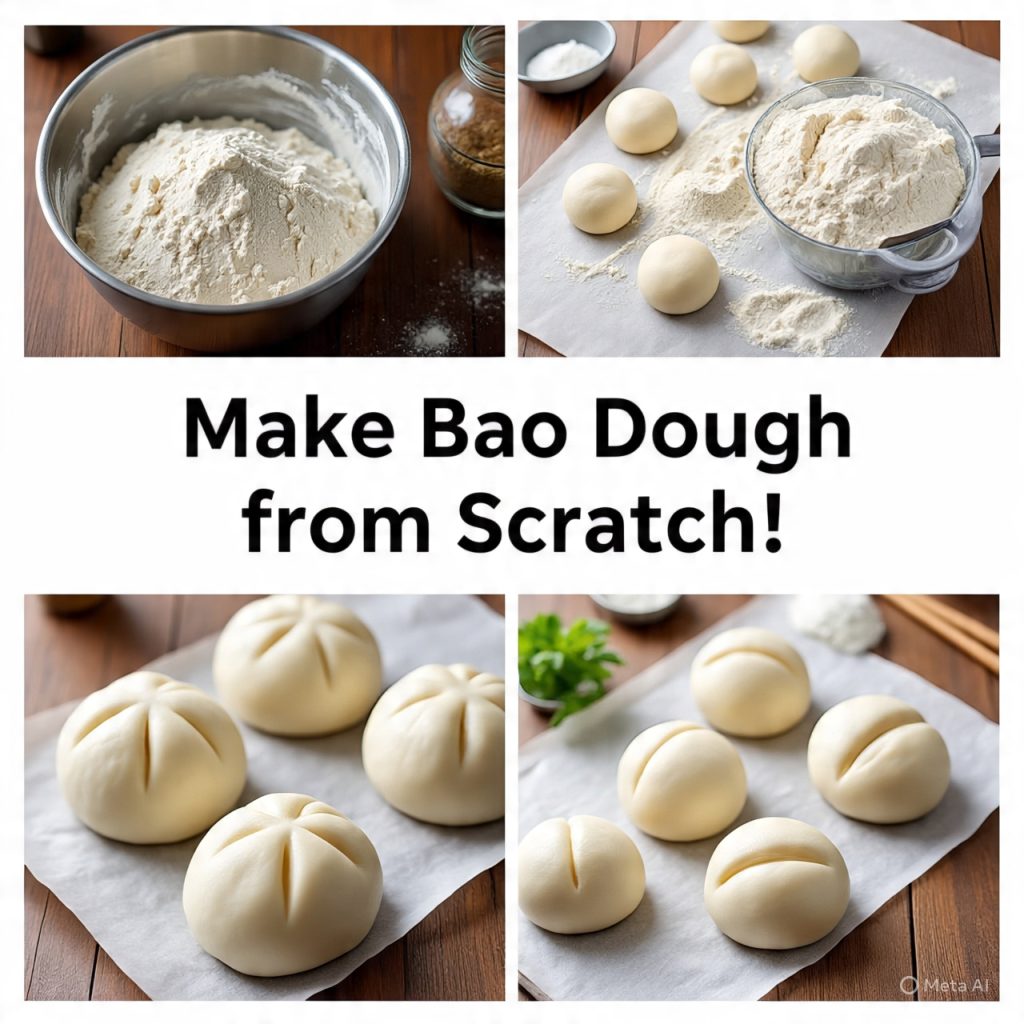 Process of making and shaping bao bun dough.