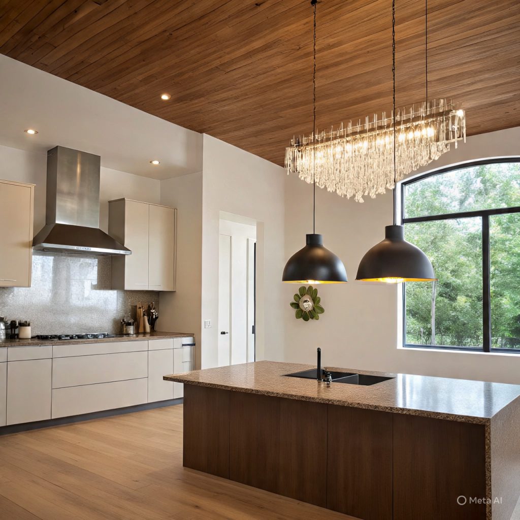Modern barndominium kitchen with oversized pendant lights.