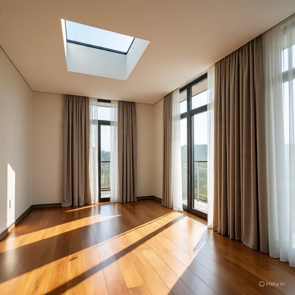 Modern interior filled with sunlight from large windows.