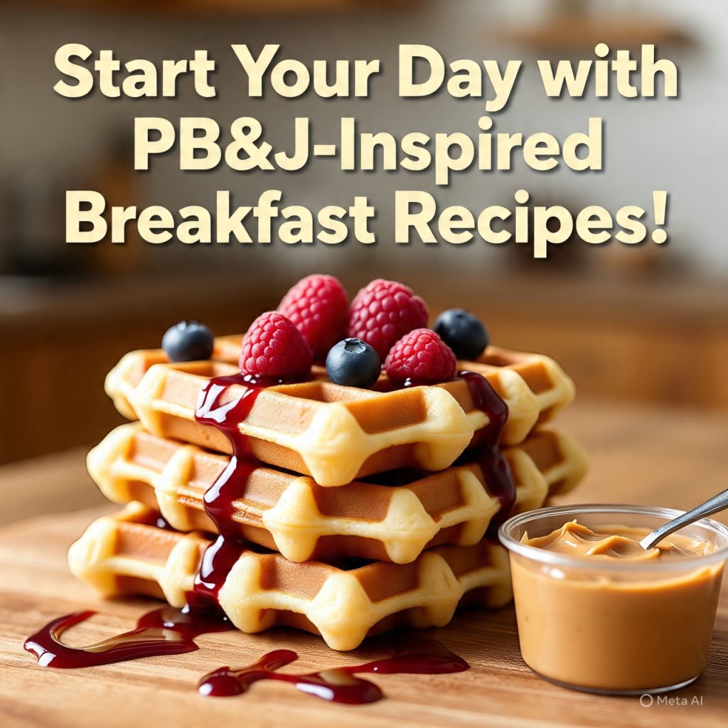 waffles topped with fruit and syrup for breakfast.