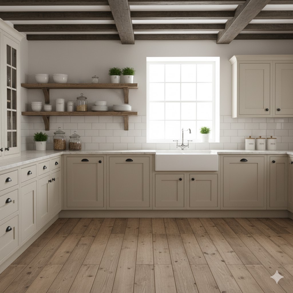 Beige Shaker kitchen with rustic farmhouse accents.