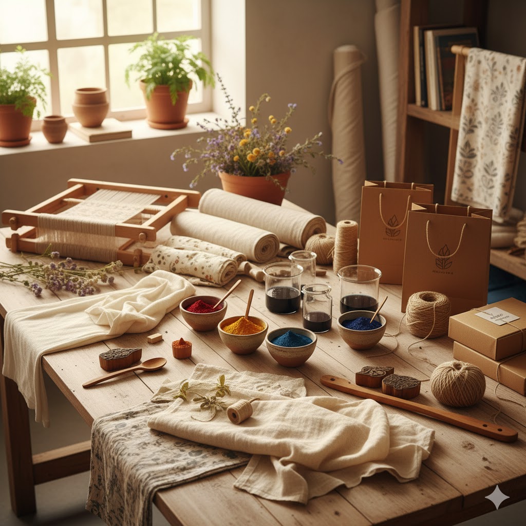 Sustainable fashion workspace with eco-friendly fabrics and tools.