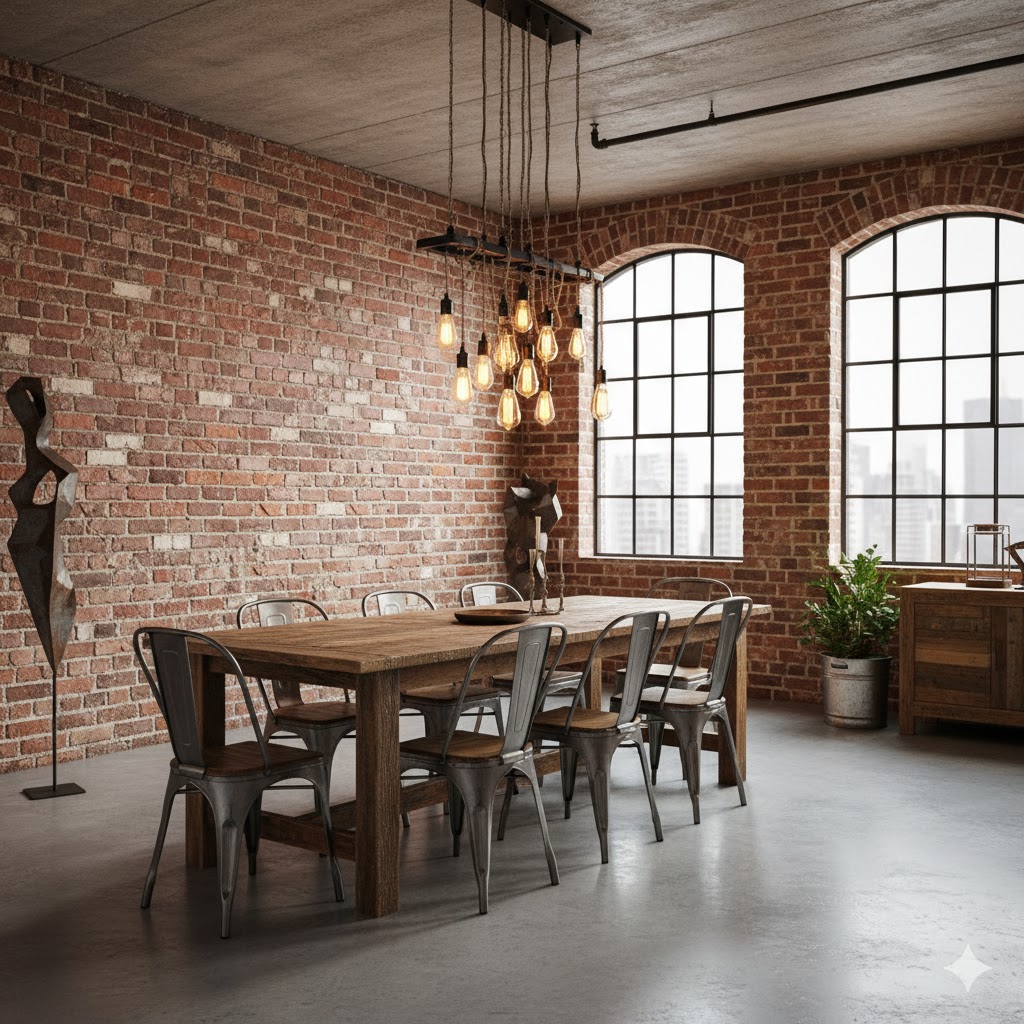 Industrial dining room with brick wall and metal accents.