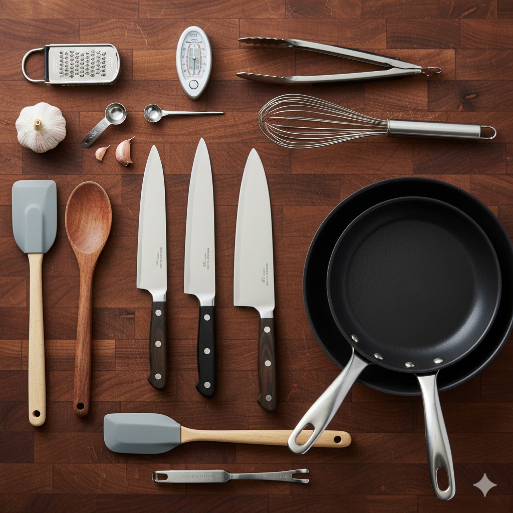 Collection of essential kitchen utensils and cookware.