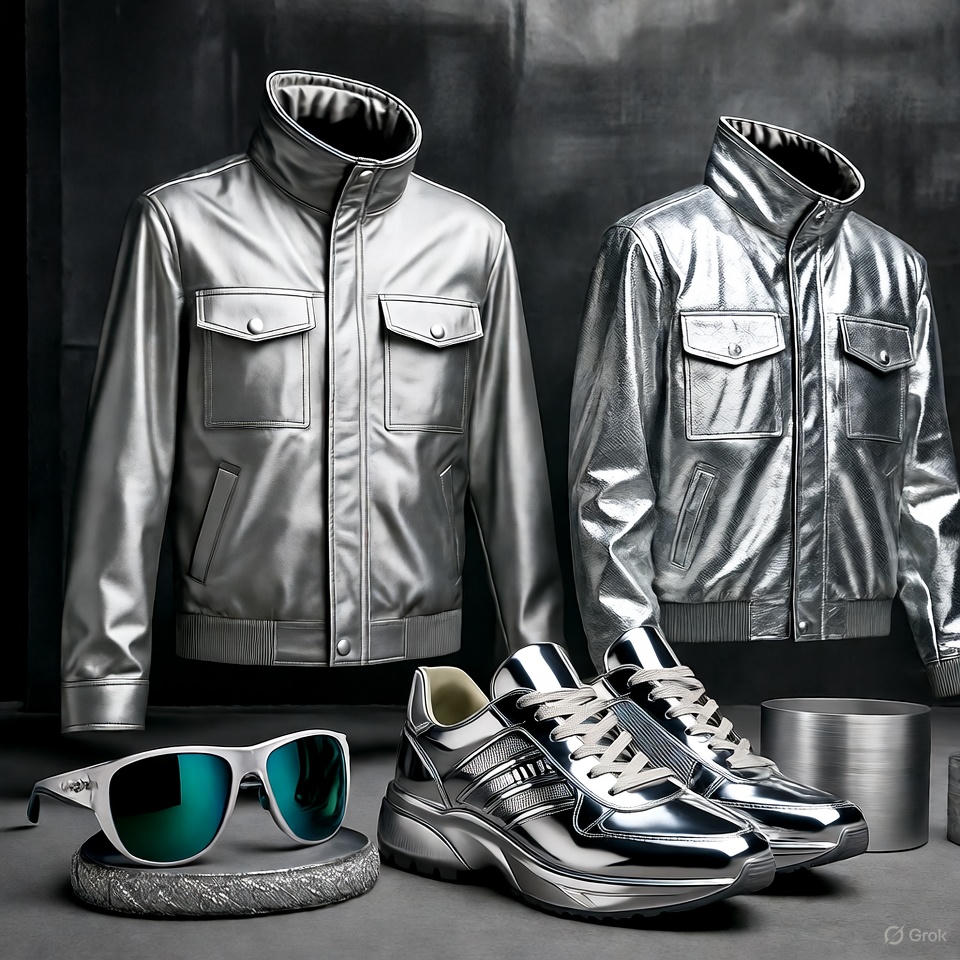 Metallic silver and chrome streetwear items adding futuristic edge.