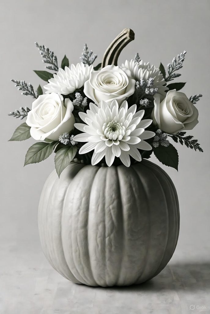 Monochromatic floral design in pumpkin vase.