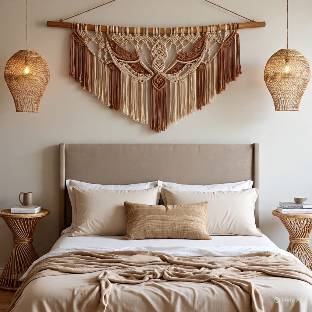 Boho bedroom with macramé headboard and wicker lighting.