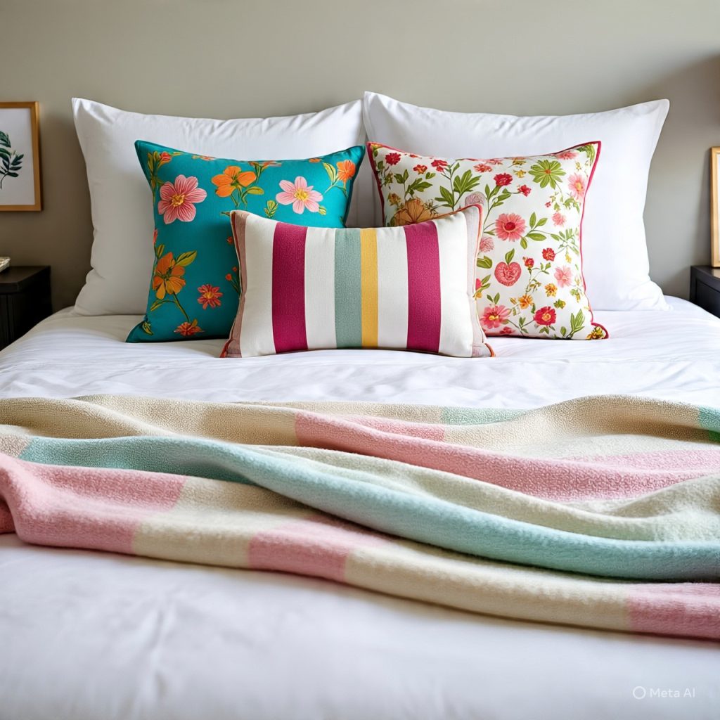 Bright spring throw pillows add color and freshness to the bed.