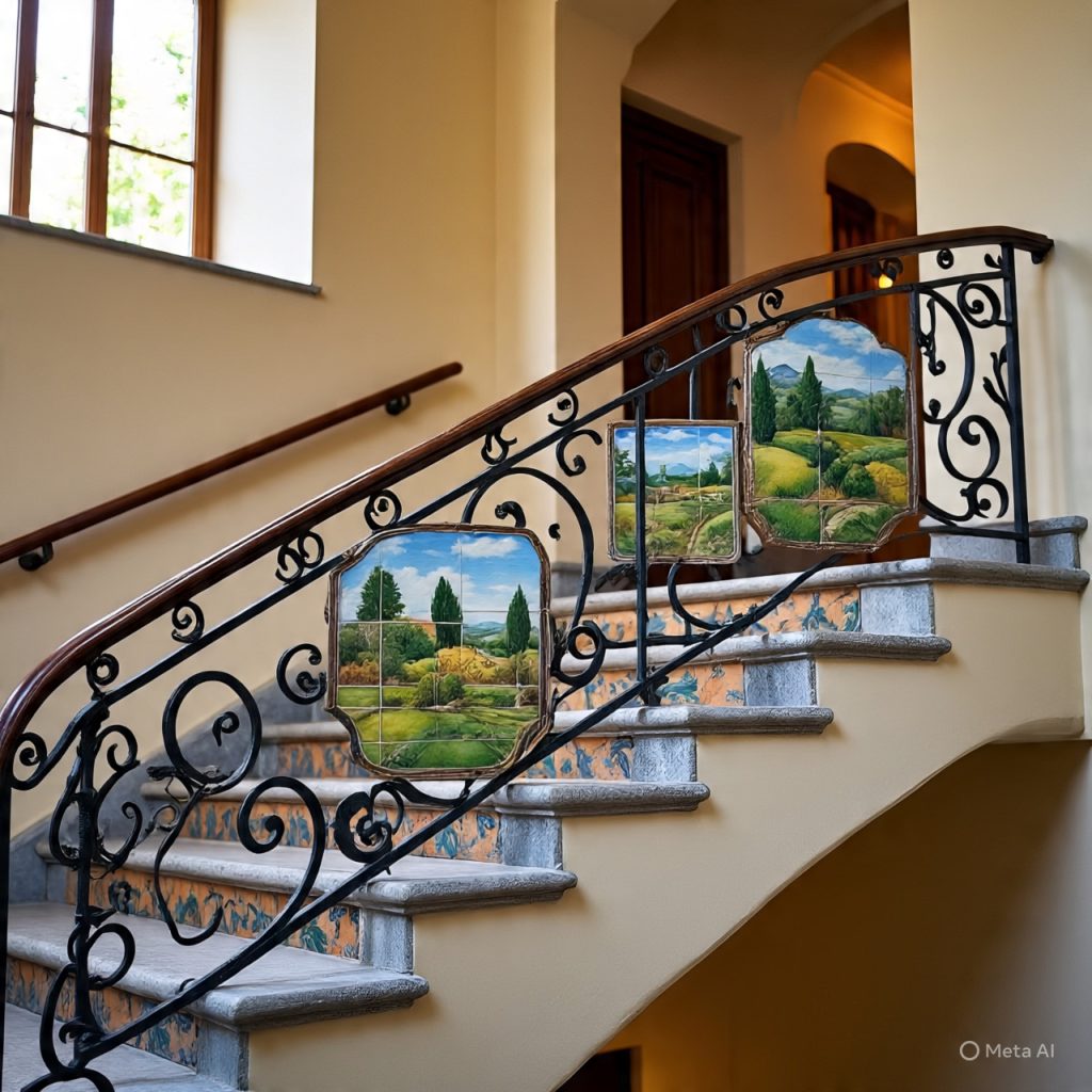 Handcrafted wrought iron staircase railing and tiles.