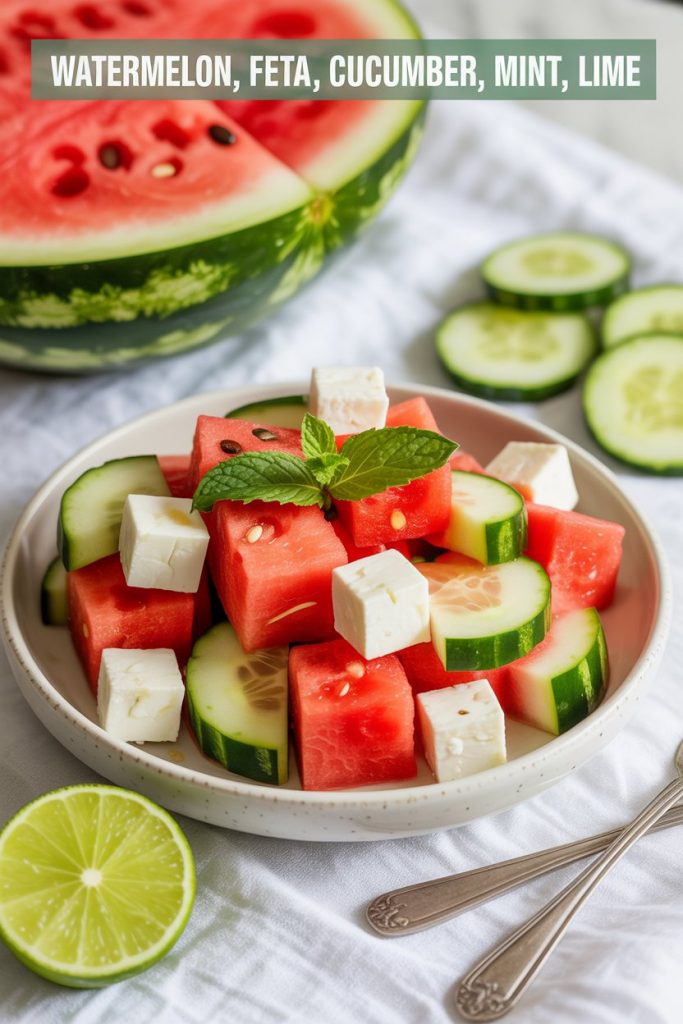 A refreshing salad with cubed watermelon, cucumber slices, and feta cheese, garnished with mint, next to a half watermelon and more cucumber slices.
Explanation:
Alternative text (alt text) provides a textual description of an image for visually impaired users or when an image fails to load. A good alt text should be concise yet descriptive, conveying the essential visual information of the image. This alt text describes the main components of the salad shown in the image, including watermelon, cucumber, feta, and mint, as well as the surrounding elements like the half watermelon and cucumber slices, providing a clear understanding of the image's content. 