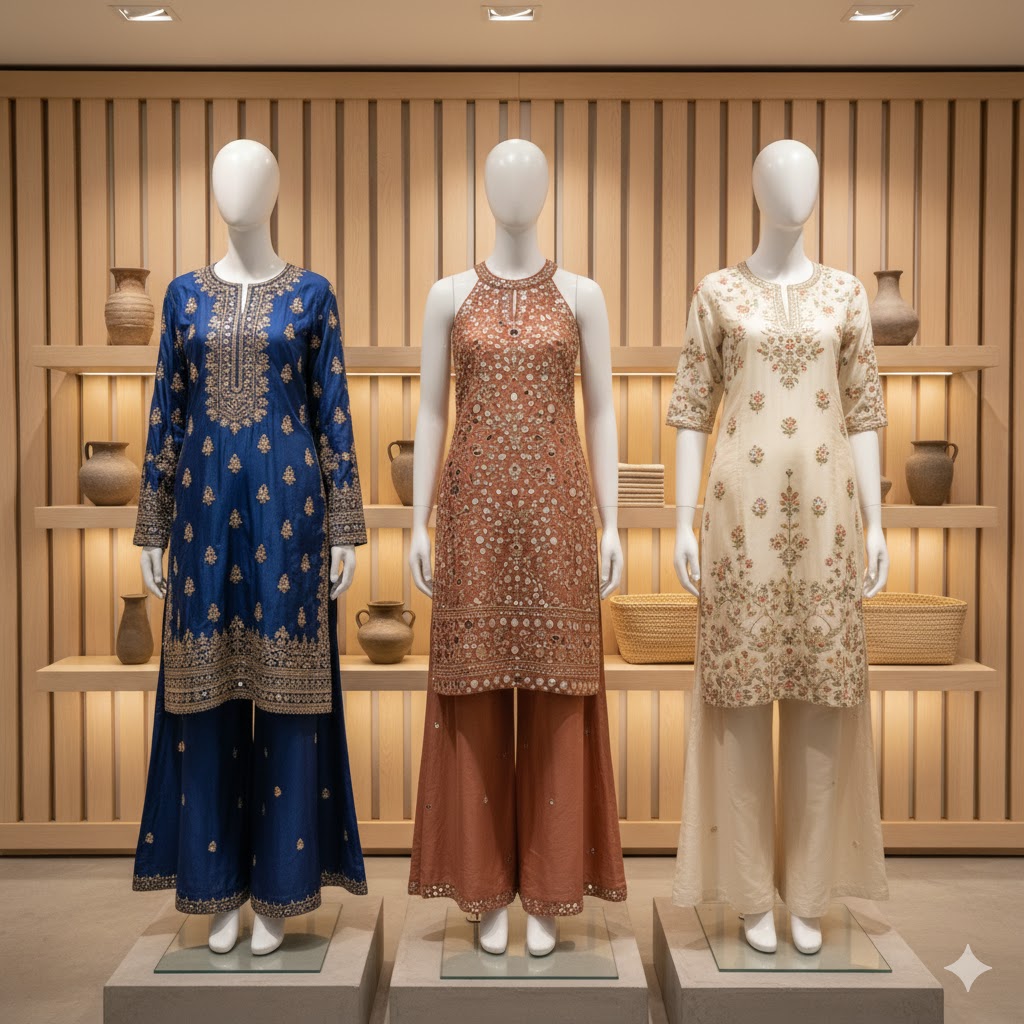 Palazzo pants with embroidered tops on mannequins.