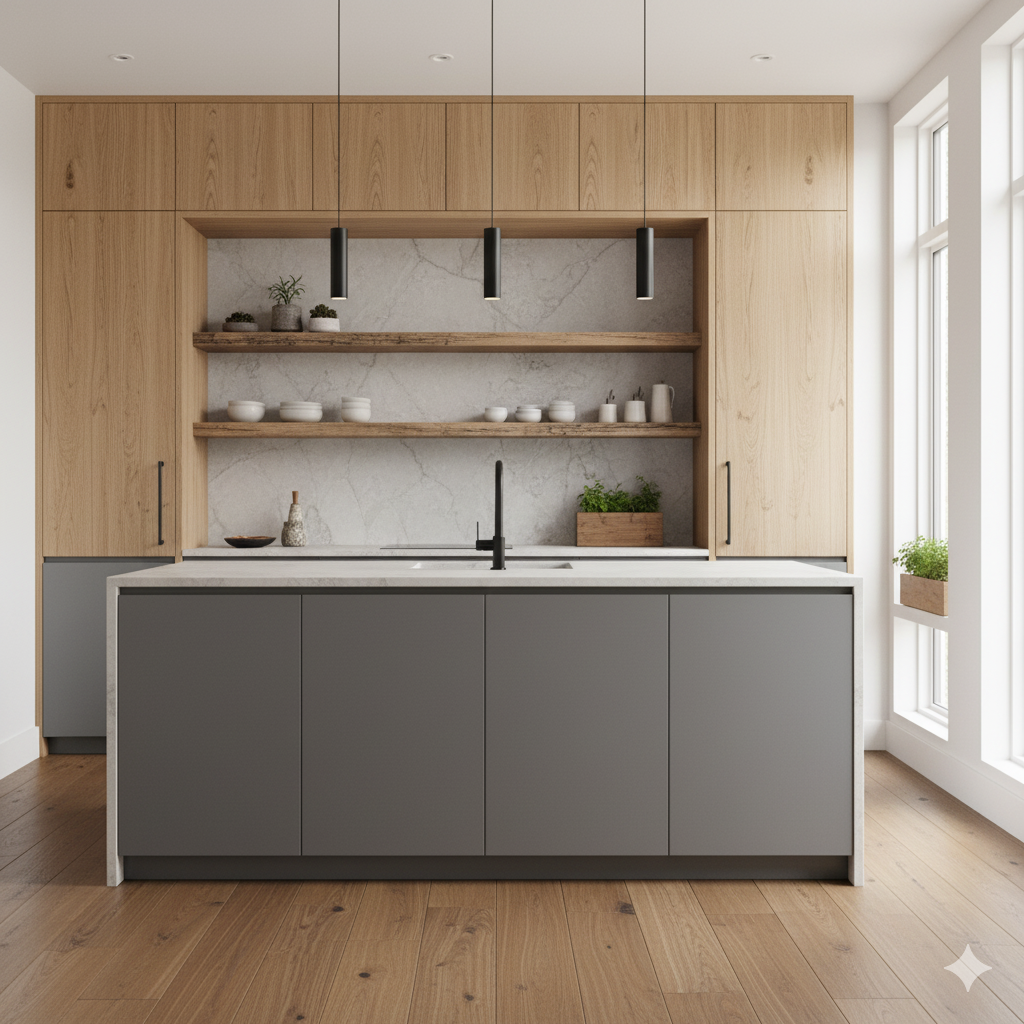 Warm wood accents in sleek modern barndominium kitchen.