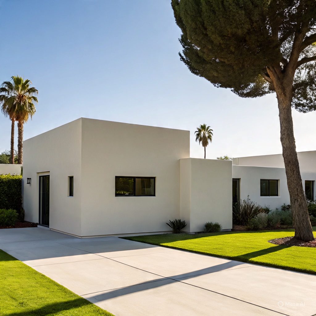 Minimalist ranch with smooth stucco and black-framed windows.