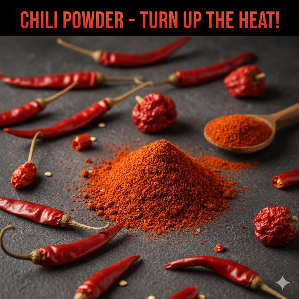A close-up, top-down view of red chili powder in a pile and on a wooden spoon, with several whole red chili peppers scattered on a dark background. The image also contains the text "CHILI POWDER - TURN UP THE HEAT!".