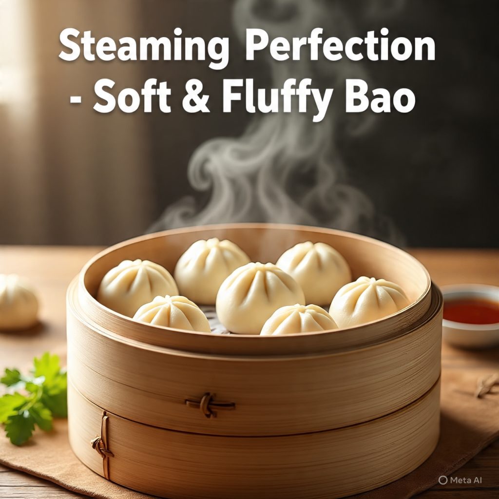 Steamed bao buns in a bamboo steamer with steam rising.