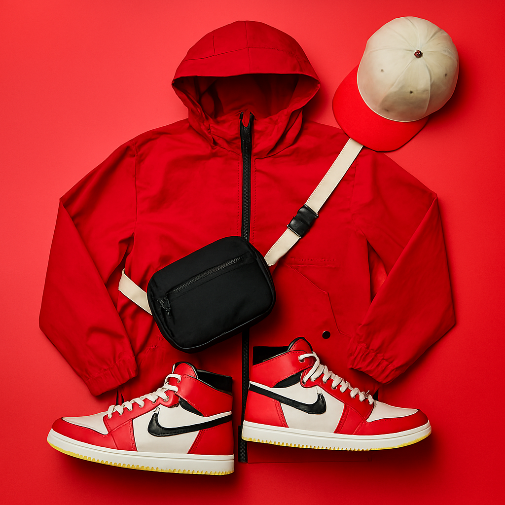 Fiery red urban streetwear outfit symbolizing energy and confidence.