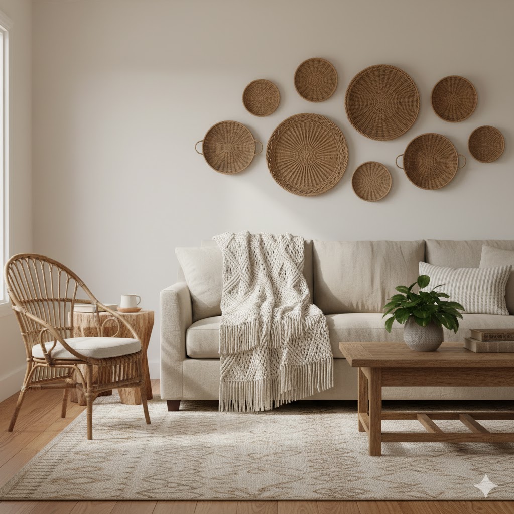 Modern farmhouse space with rattan furniture and woven wall plates.