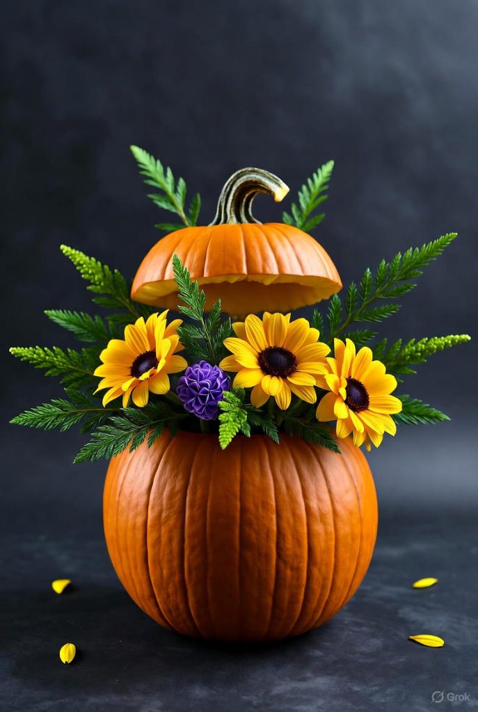 Mixed fall garden flowers in a pumpkin vase.