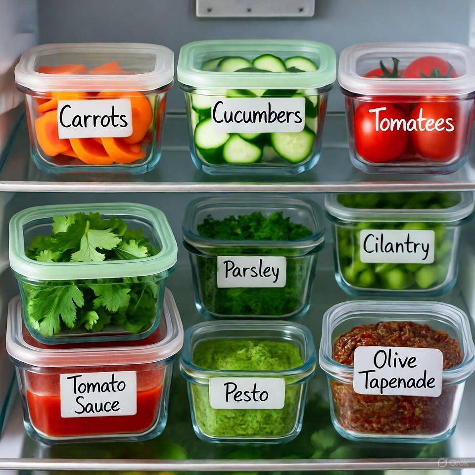 Prepped ingredients stored neatly in containers.