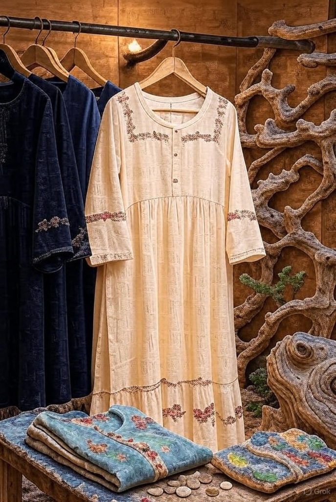 Boho kaftans in boutique display.