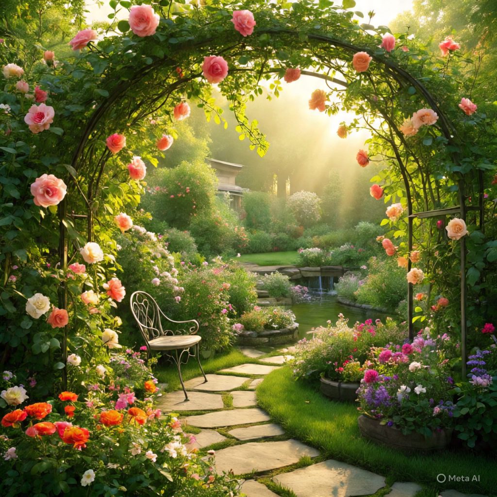 Peaceful English cottage garden corner with flowers and a rose-covered archway.