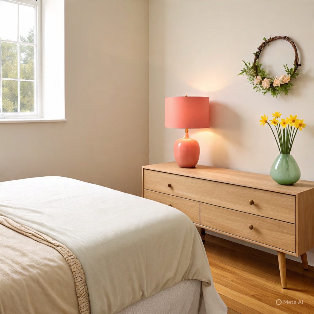 Subtle pops of spring color brighten a calm neutral bedroom.
