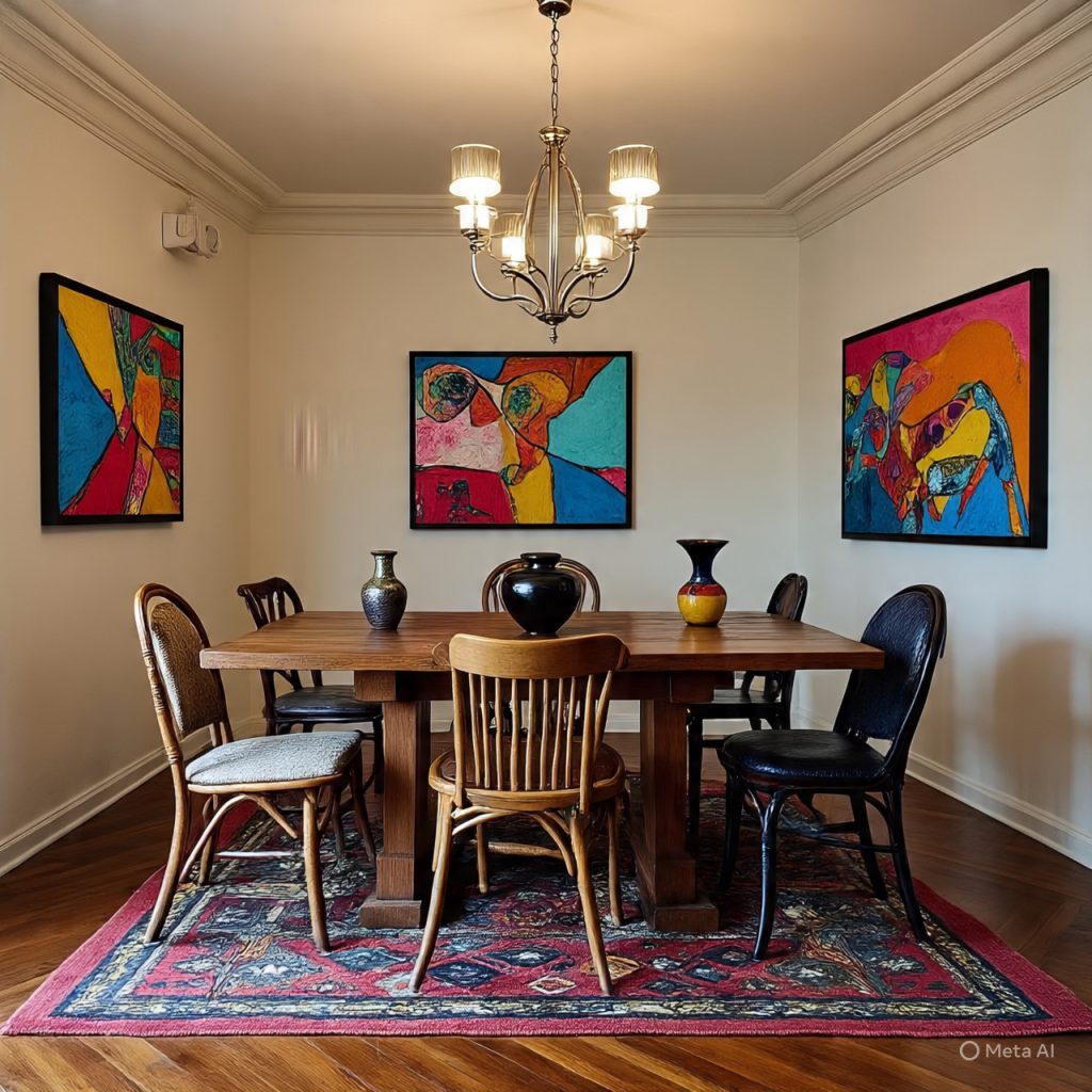 Eclectic dining room with colorful accents and mixed styles.