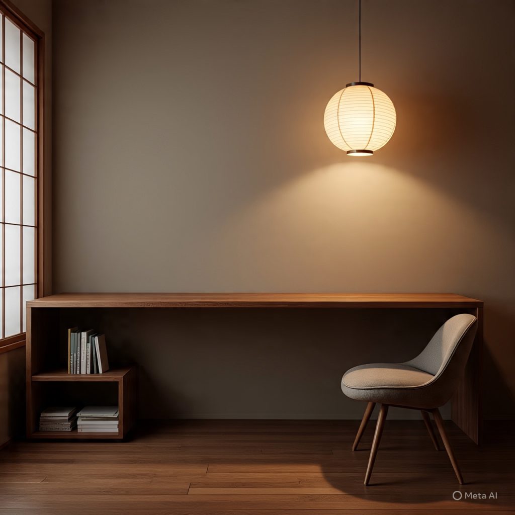Warm-lit Japanese office with paper lantern and minimal decor.