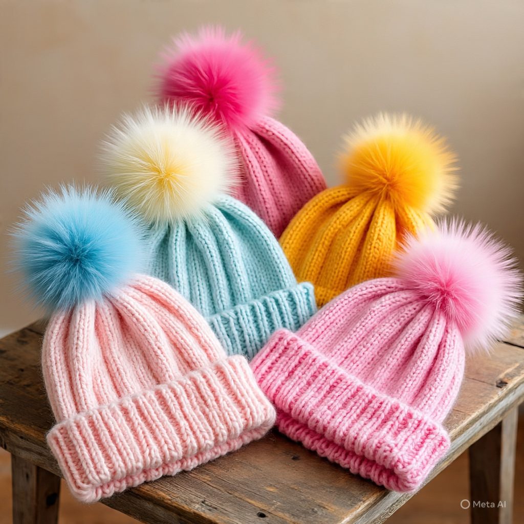 Adorable kids’ pom-pom beanies in fun winter colors.