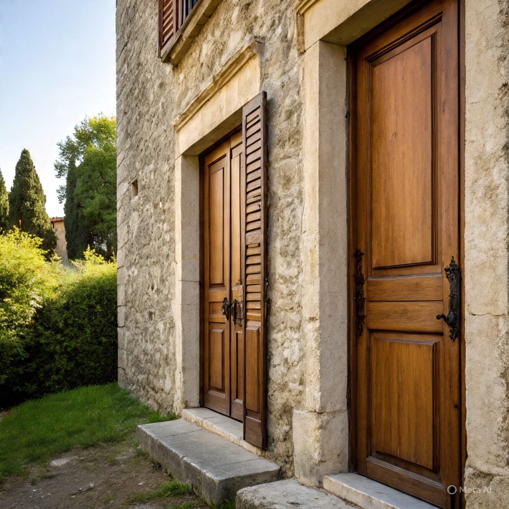 Wooden farmhouse doors with traditional shutters.