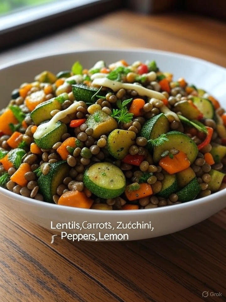 A bowl of lentil salad with chopped carrots, zucchini, peppers, and lemon slices. 