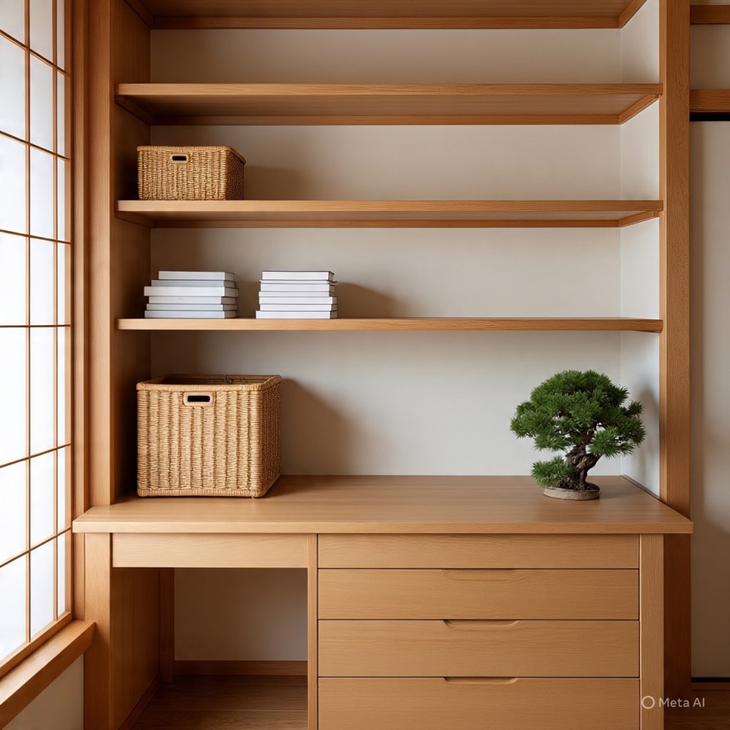 Minimal Japanese office with shoji cabinets and woven storage baskets for organized design.