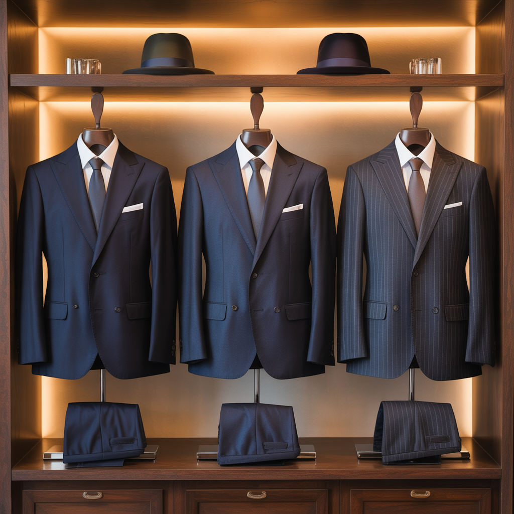 Tailored men’s garments in navy and charcoal on hangers in a stylish display, showcasing slim-fit suits, double-breasted blazers, leather jackets, corduroy pieces, and overcoats in neutral tones for 2026 men's fashion trends.