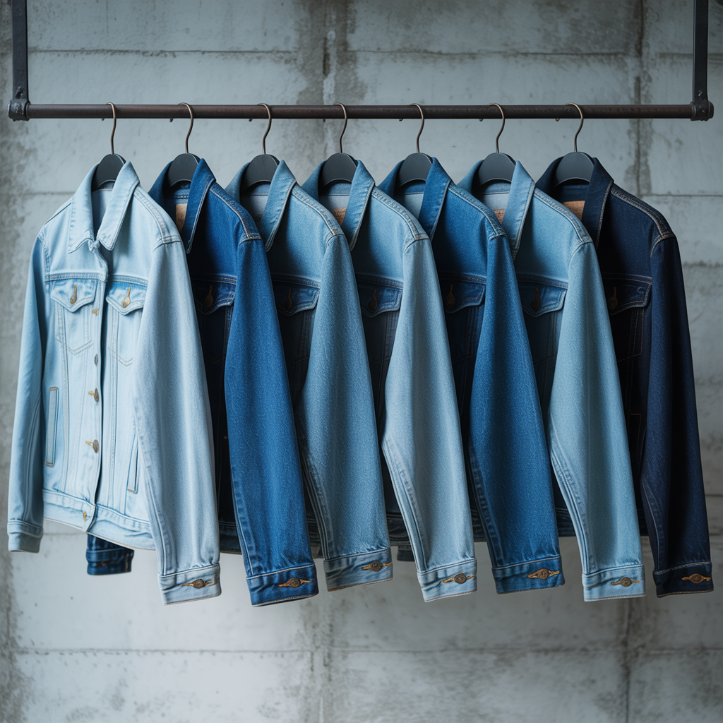 Denim jackets in various washes on hangers.