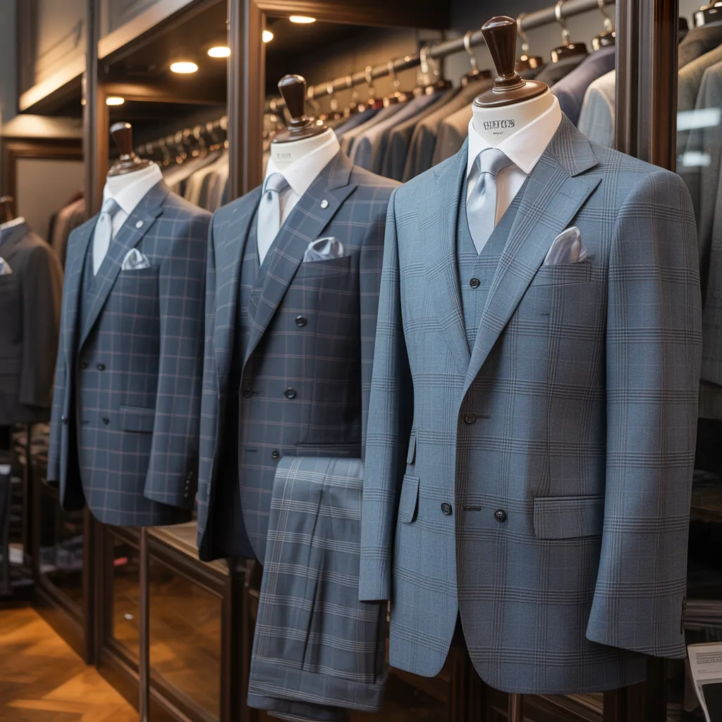 Checked pattern suits displayed on wooden hangers.