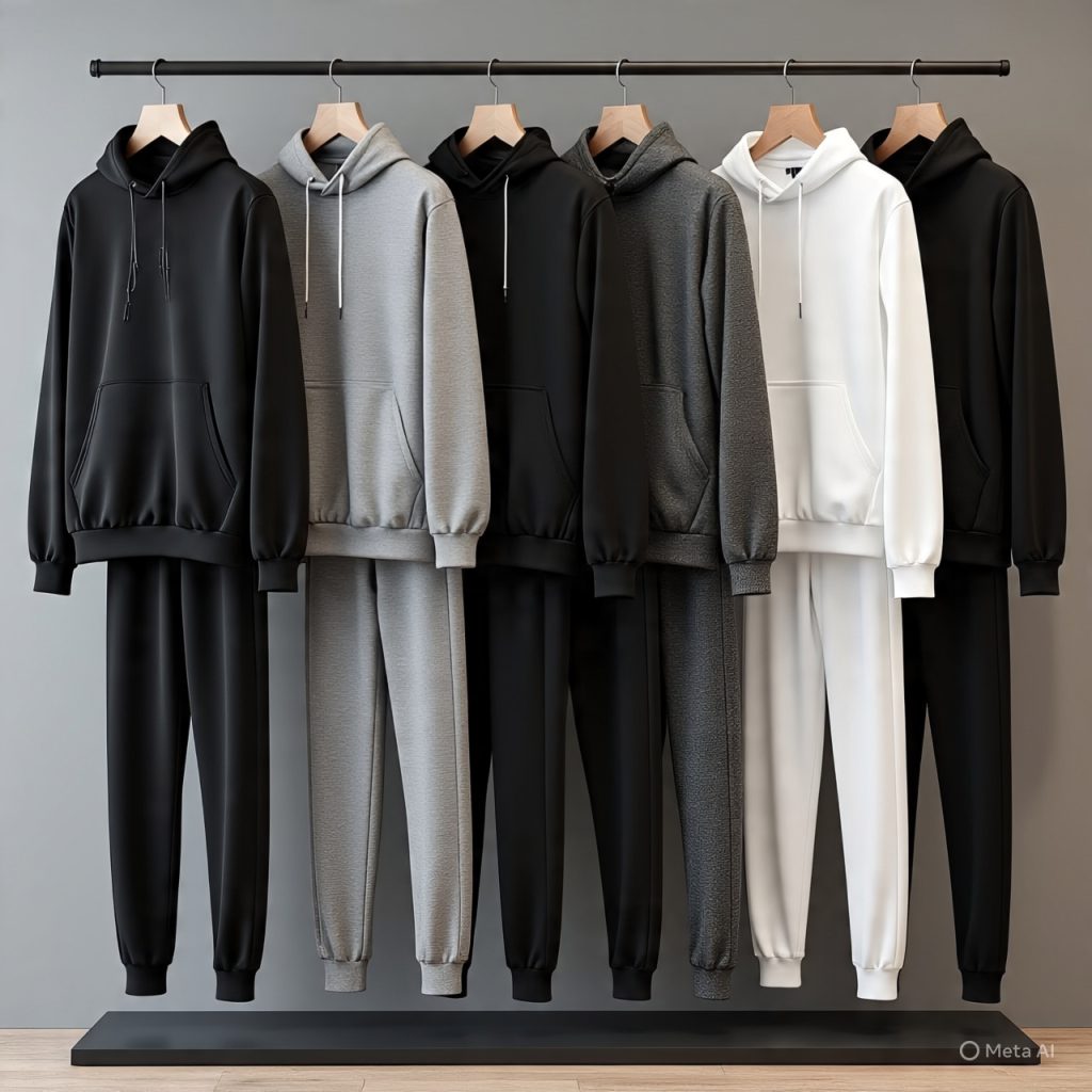 Monochrome tracksuits displayed in stylish arrangement.