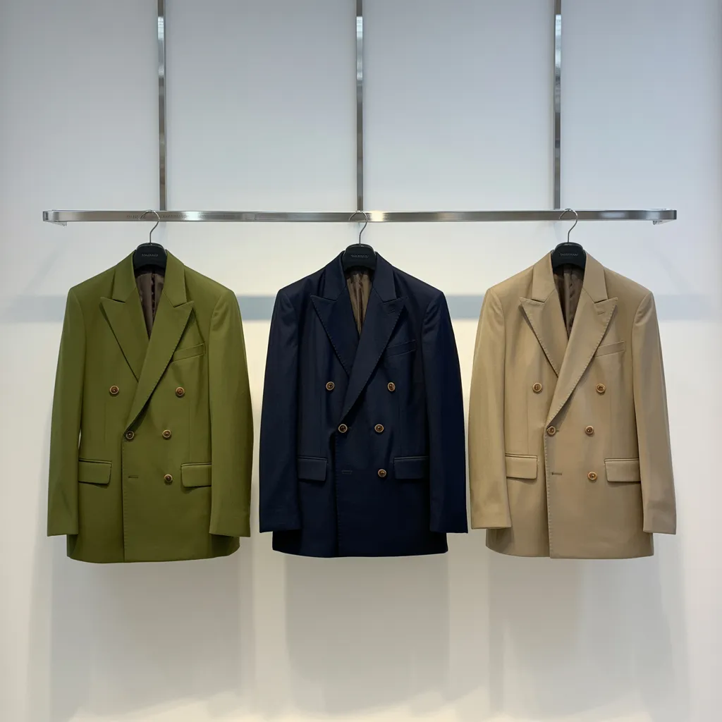 Double-breasted blazers in elegant tones hanging in a boutique.