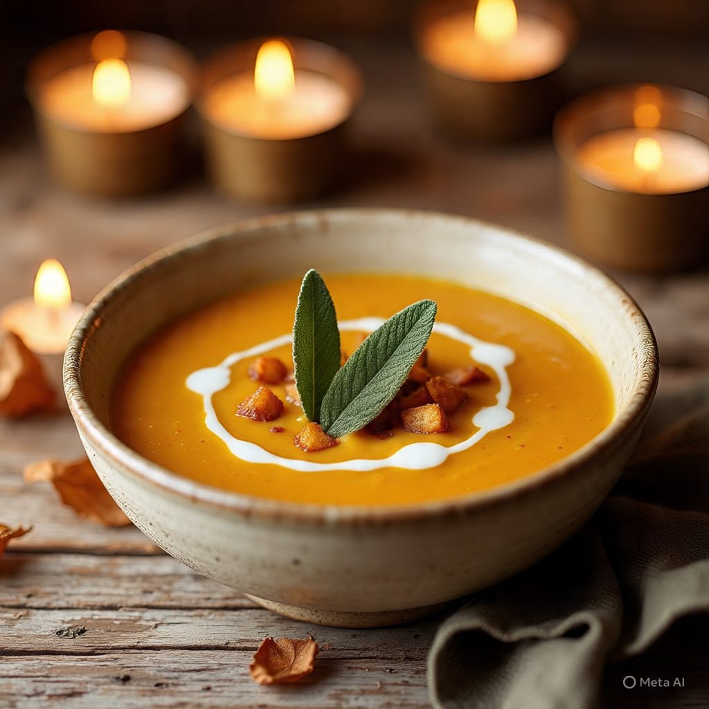 Fall food recipes featuring a bowl of creamy orange autumn soup garnished with croutons, cream swirl, and sage leaves, styled with warm candlelight