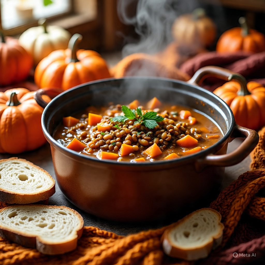 Hearty pumpkin and lentil stew served warm in a rustic pot.